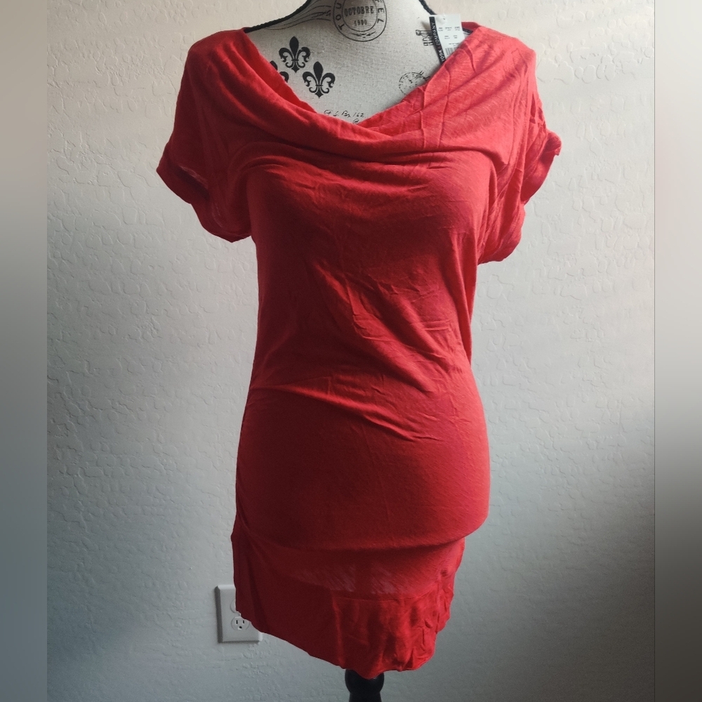 🆕 NY&Co Rust Orange semi-sheer cowl neck casual summer spring midi Dress_XS